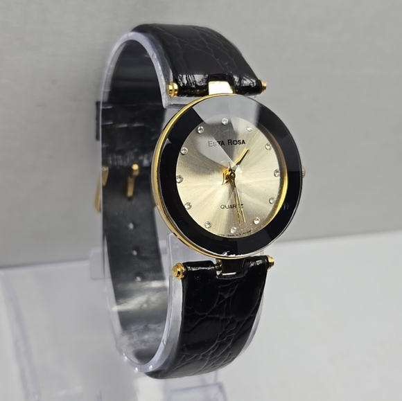 Womens Esta Rosa Watch Gold Tone Diamond Cut Crystal Leather Band New Battery - Picture 3 of 12